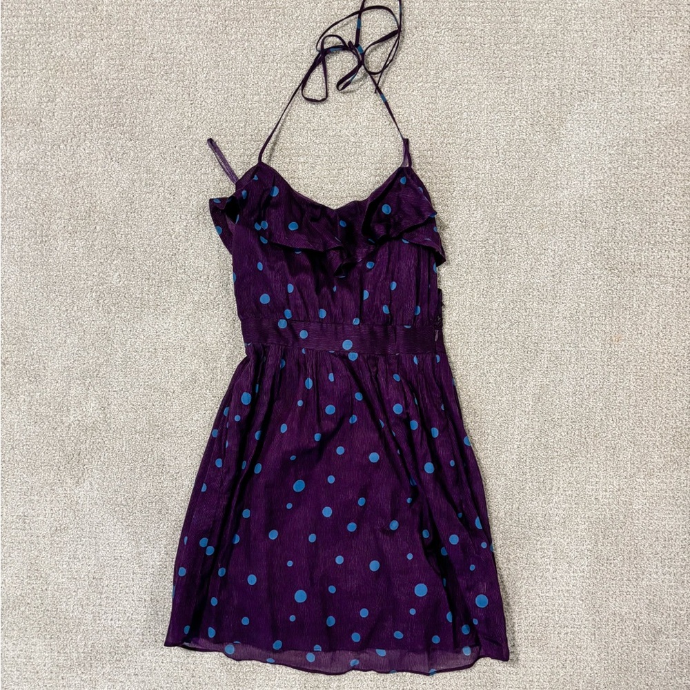 Purple and blue polka dot ruffle halter dress